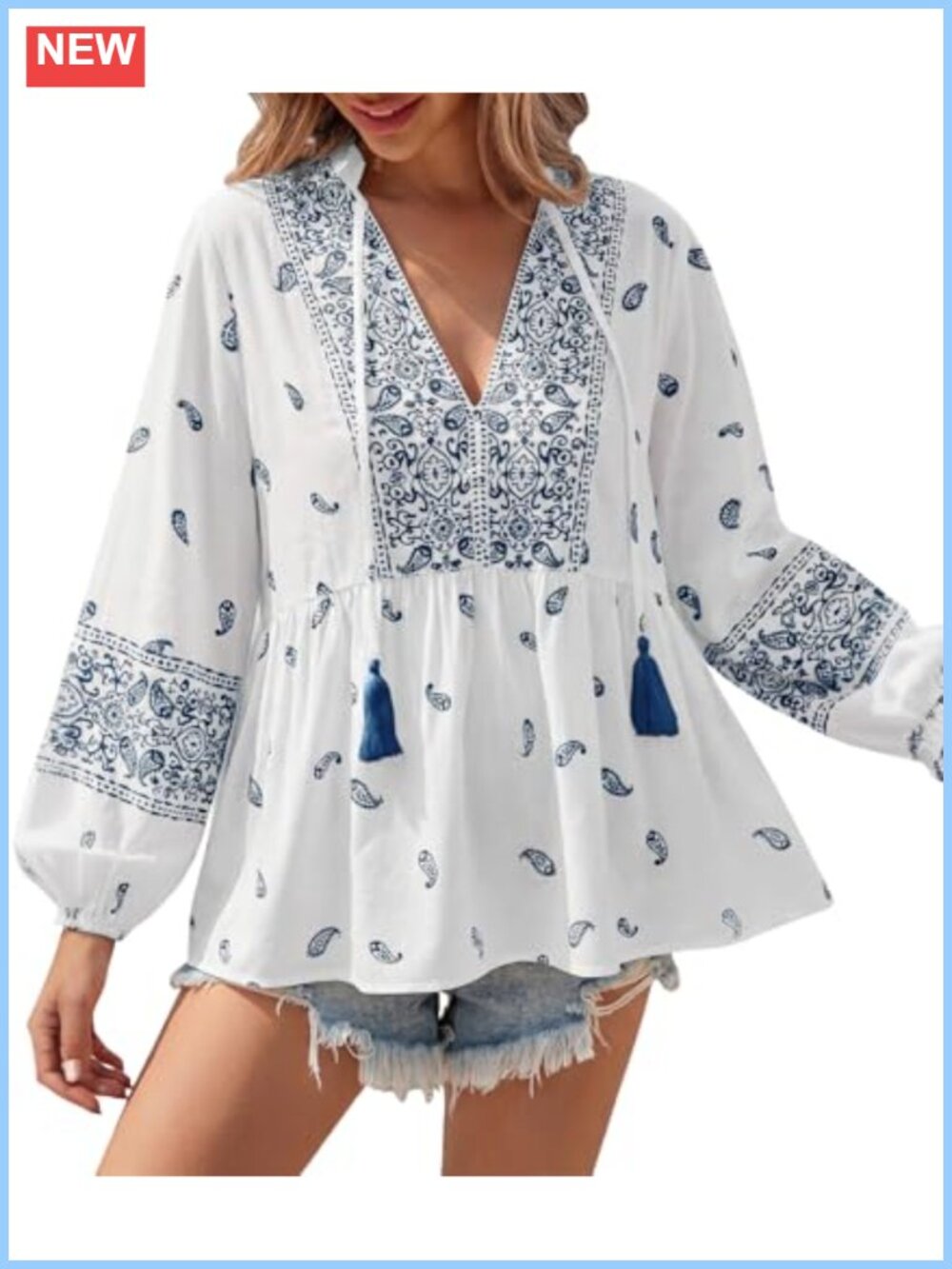 Womens Boho Babydoll Tunic Top V-Neck Lantern Sleeve Peasant Blouse